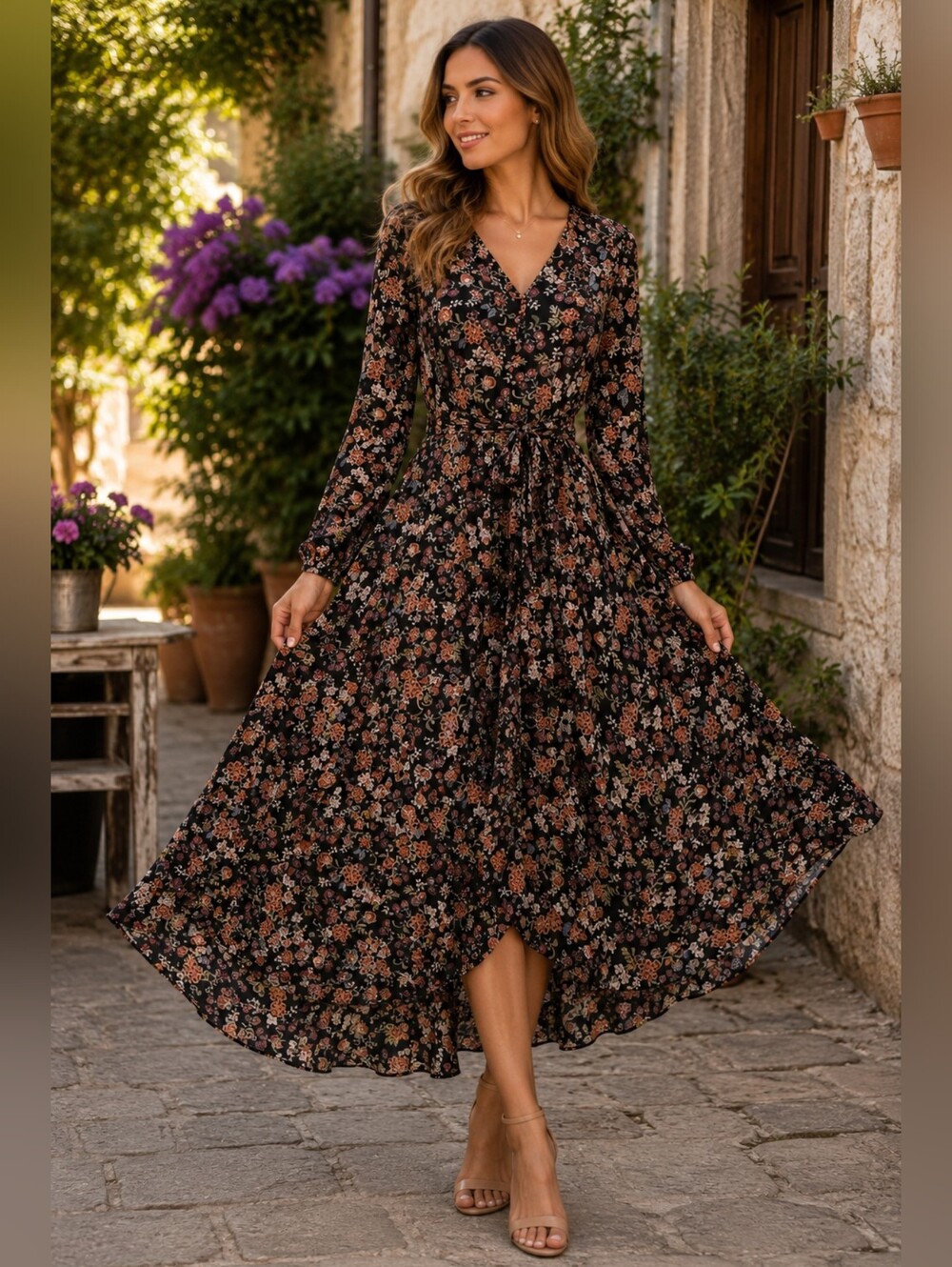 Vince Camuto Floral Maxi Dress Sz M Black LS Flowy Fit & Flare Dark Romantic